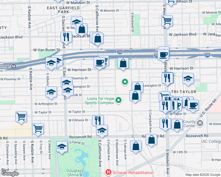 map of restaurants, bars, coffee shops, grocery stores, and more near 2725 West Polk Street in Chicago