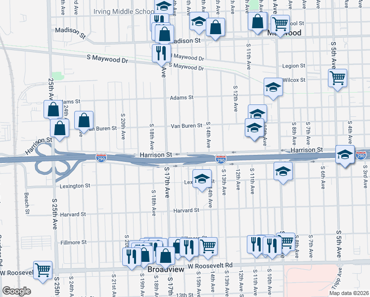 map of restaurants, bars, coffee shops, grocery stores, and more near 1645 Harrison Street in Maywood