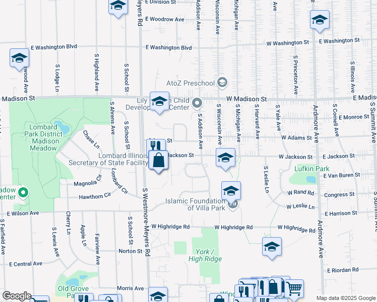 map of restaurants, bars, coffee shops, grocery stores, and more near 1114 Cambria Lane North in Lombard