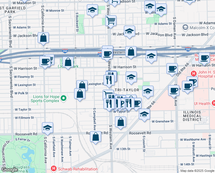 map of restaurants, bars, coffee shops, grocery stores, and more near 746 South Western Avenue in Chicago