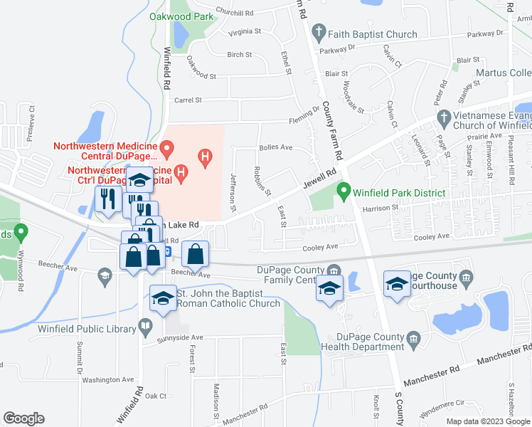 map of restaurants, bars, coffee shops, grocery stores, and more near 27W160 Jewell Road in Winfield