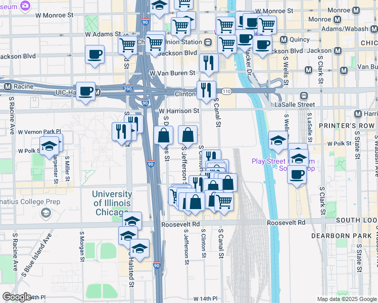 map of restaurants, bars, coffee shops, grocery stores, and more near 727 South Jefferson Street in Chicago