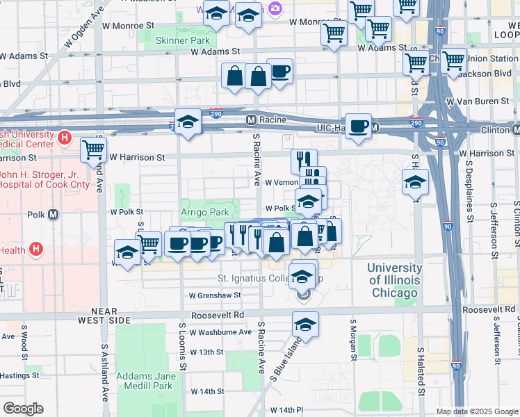 map of restaurants, bars, coffee shops, grocery stores, and more near South Racine Avenue in Chicago