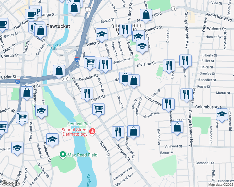 map of restaurants, bars, coffee shops, grocery stores, and more near 26 Young Street in Pawtucket