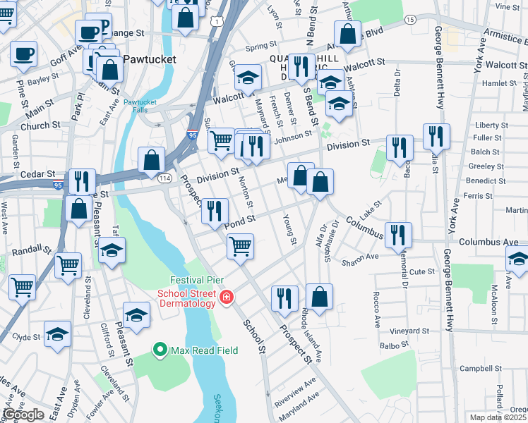map of restaurants, bars, coffee shops, grocery stores, and more near 51 Brewster Street in Pawtucket