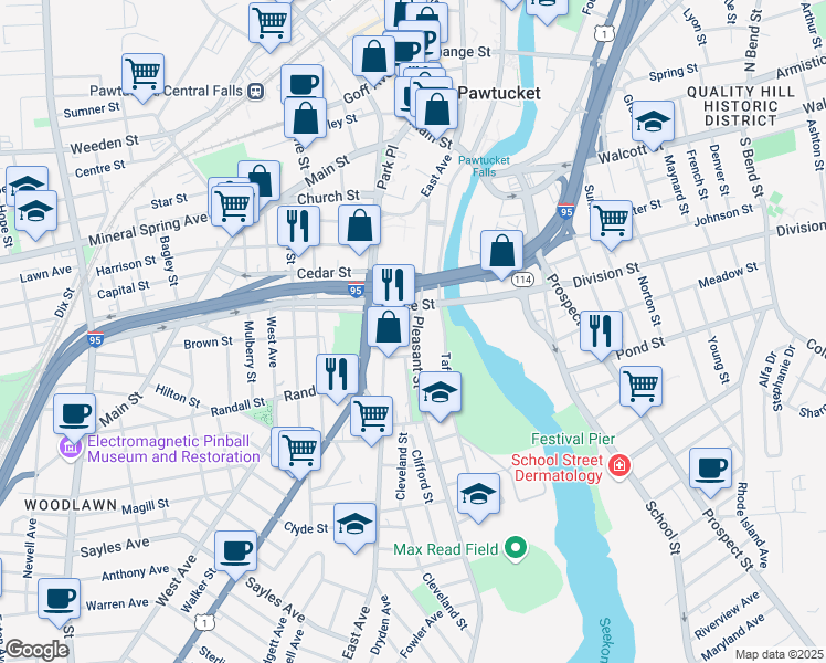 map of restaurants, bars, coffee shops, grocery stores, and more near 224 East Avenue in Pawtucket