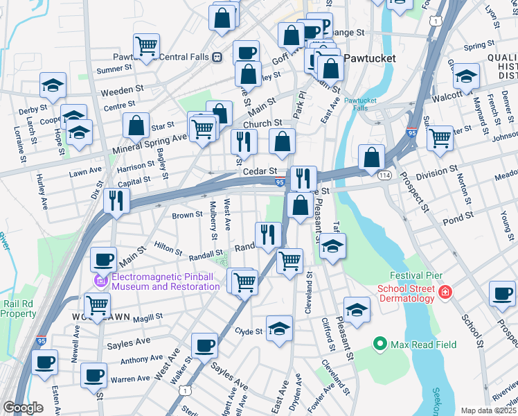 map of restaurants, bars, coffee shops, grocery stores, and more near 65 Grace Street in Pawtucket