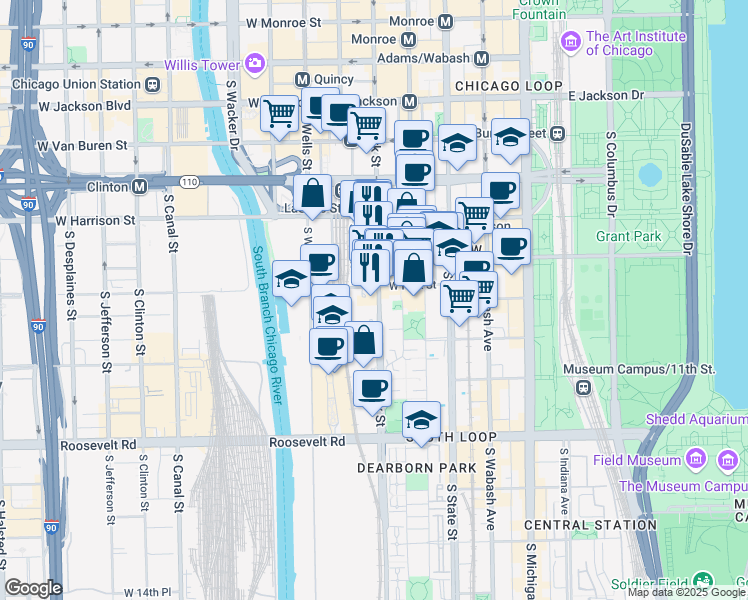 map of restaurants, bars, coffee shops, grocery stores, and more near 124 West Polk Street in Chicago