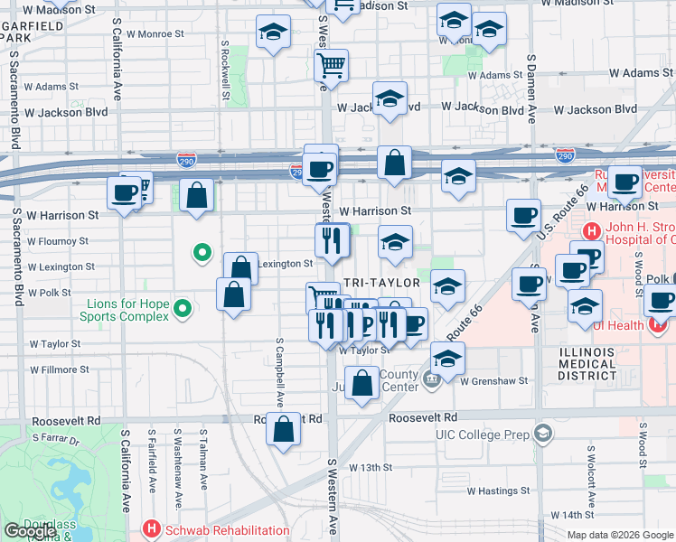 map of restaurants, bars, coffee shops, grocery stores, and more near 718 South Claremont Avenue in Chicago