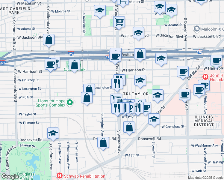 map of restaurants, bars, coffee shops, grocery stores, and more near 2416 West Lexington Street in Chicago