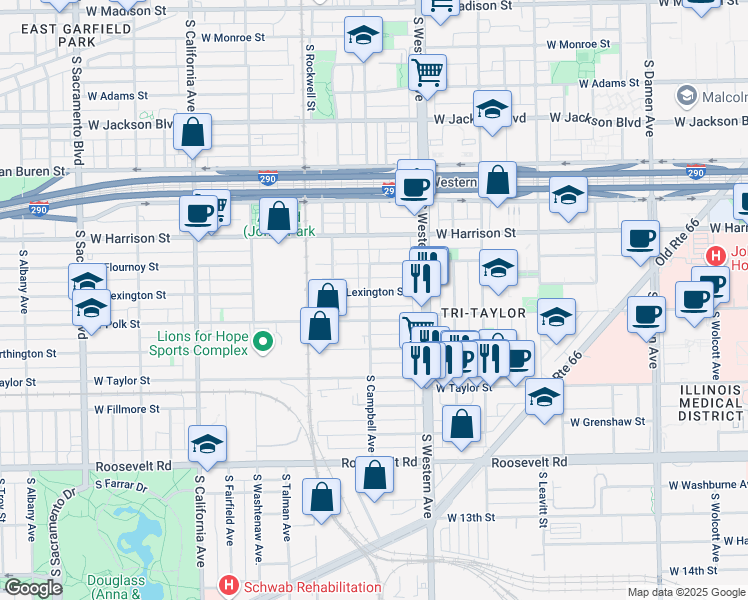 map of restaurants, bars, coffee shops, grocery stores, and more near 717 South Campbell Avenue in Chicago