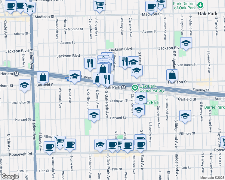 map of restaurants, bars, coffee shops, grocery stores, and more near 950 South Oak Park Avenue in Oak Park