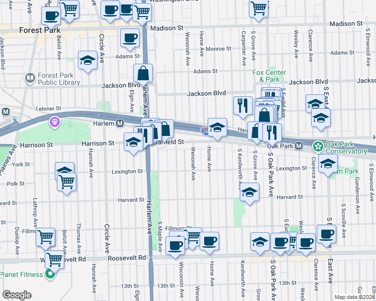 map of restaurants, bars, coffee shops, grocery stores, and more near 1000 Garfield Street in Oak Park