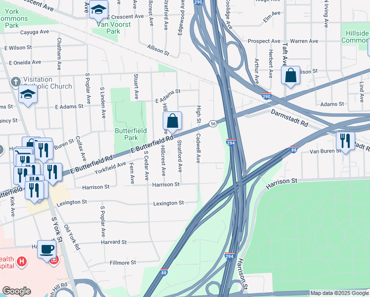 map of restaurants, bars, coffee shops, grocery stores, and more near 512 Butterfield Road in Elmhurst