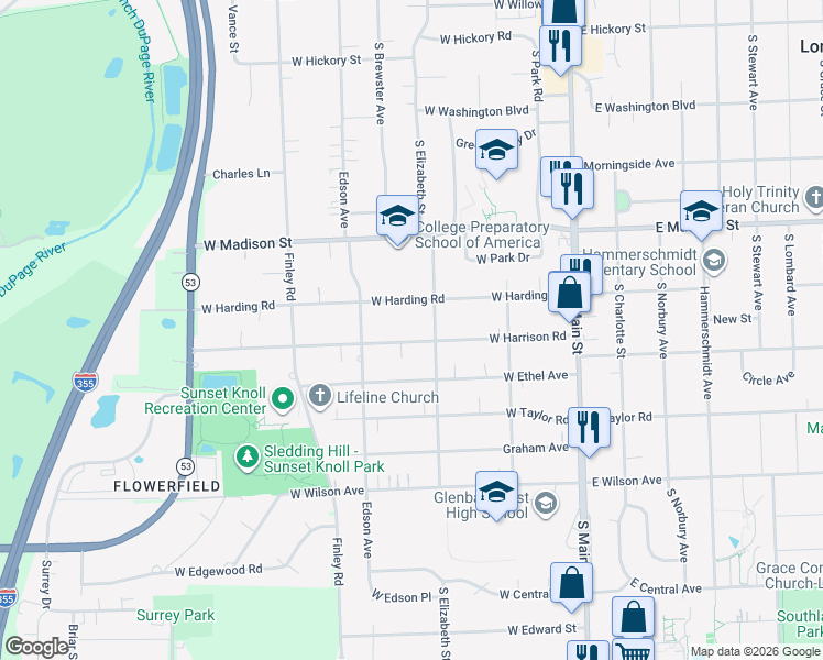 map of restaurants, bars, coffee shops, grocery stores, and more near 319 West Harding Road in Lombard