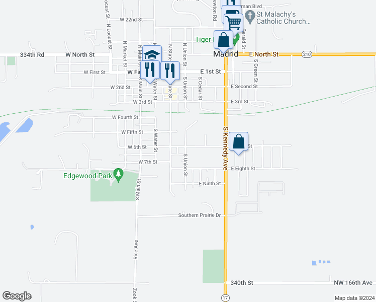 map of restaurants, bars, coffee shops, grocery stores, and more near 510 South Union Street in Madrid