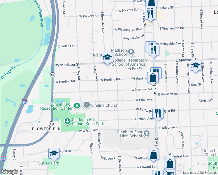 map of restaurants, bars, coffee shops, grocery stores, and more near 319 West Harding Road in Lombard