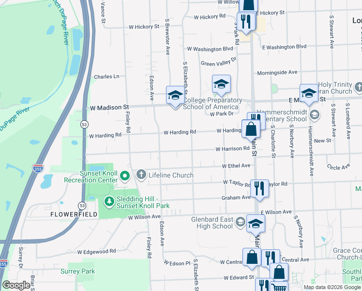 map of restaurants, bars, coffee shops, grocery stores, and more near 319 West Harding Road in Lombard