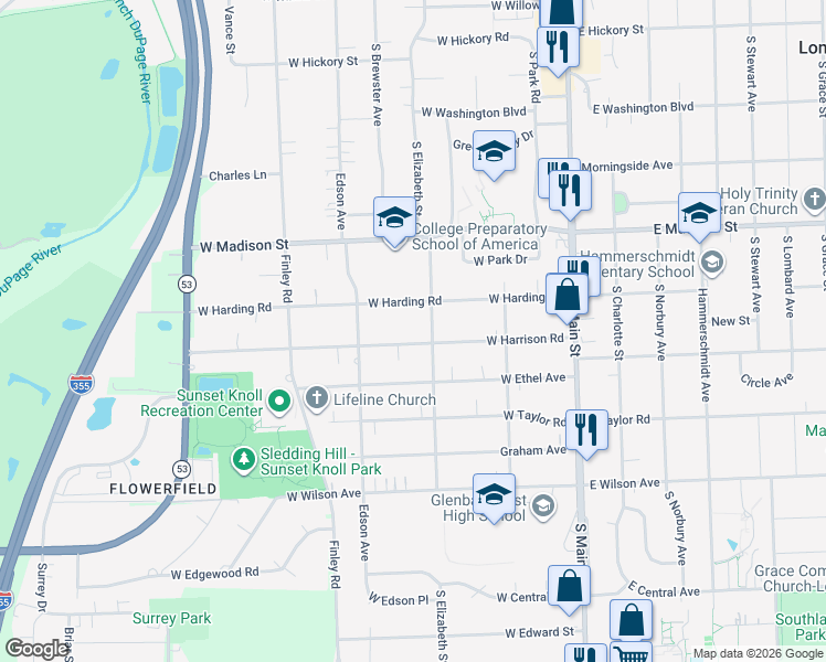 map of restaurants, bars, coffee shops, grocery stores, and more near 319 West Harding Road in Lombard