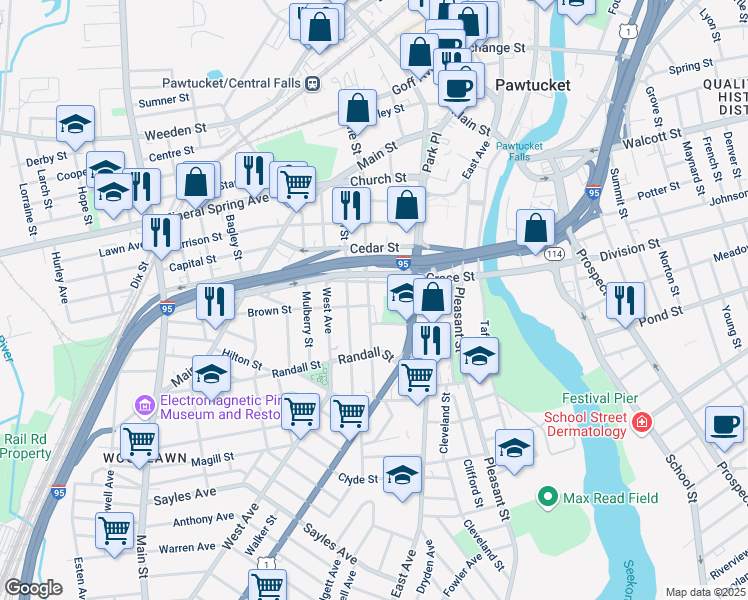 map of restaurants, bars, coffee shops, grocery stores, and more near 103 Pine Street in Pawtucket