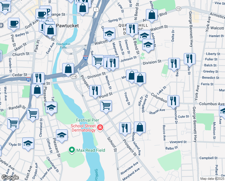 map of restaurants, bars, coffee shops, grocery stores, and more near 76 Norton Street in Pawtucket