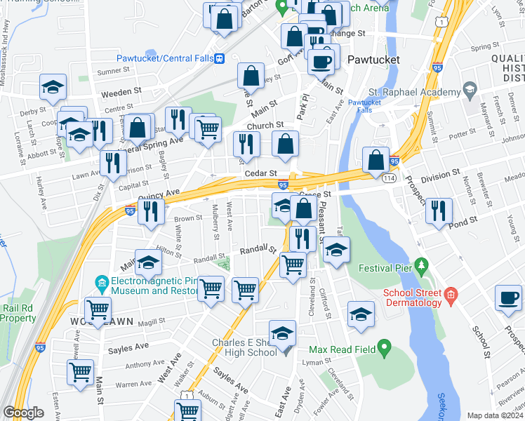 map of restaurants, bars, coffee shops, grocery stores, and more near 103 Pine Street in Pawtucket
