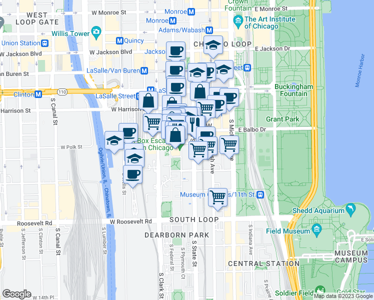 map of restaurants, bars, coffee shops, grocery stores, and more near 801 South Plymouth Court in Chicago