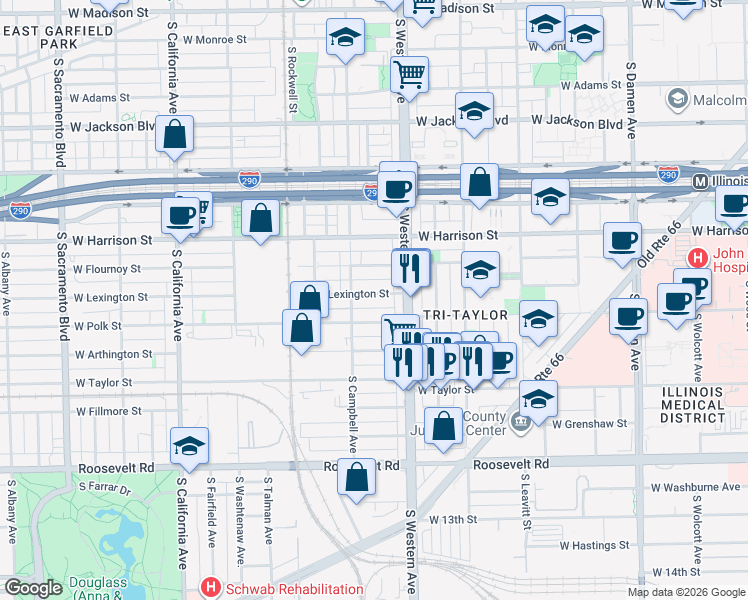 map of restaurants, bars, coffee shops, grocery stores, and more near 2416 West Lexington Street in Chicago