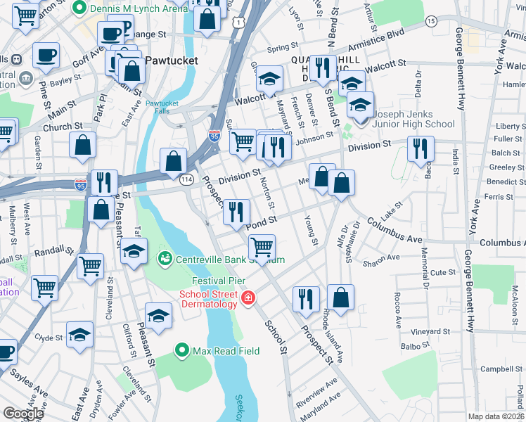 map of restaurants, bars, coffee shops, grocery stores, and more near 186 Summit Street in Pawtucket