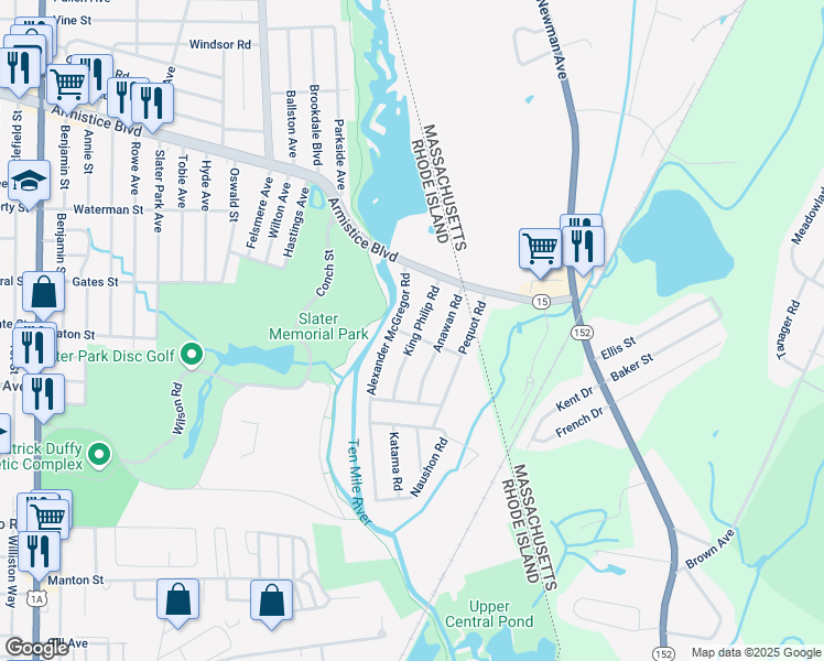 map of restaurants, bars, coffee shops, grocery stores, and more near 30 Alexander McGregor Road in Pawtucket