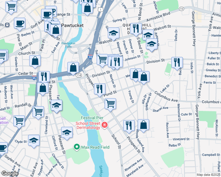 map of restaurants, bars, coffee shops, grocery stores, and more near 186 Summit Street in Pawtucket