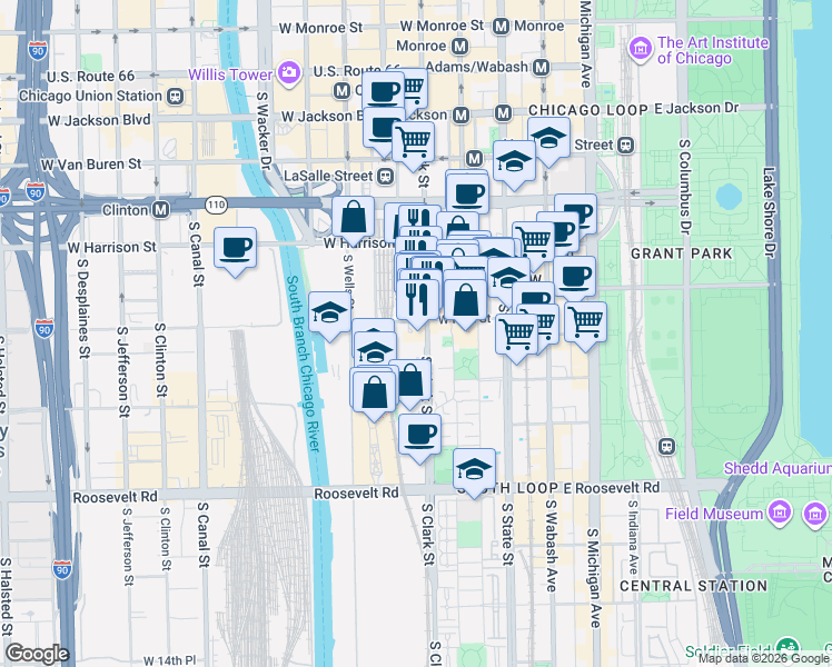 map of restaurants, bars, coffee shops, grocery stores, and more near 111 West Polk Street in Chicago