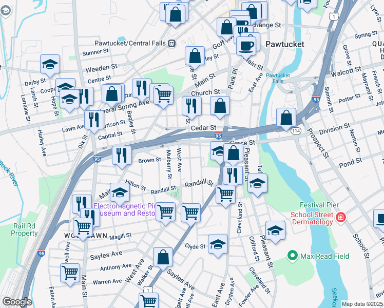 map of restaurants, bars, coffee shops, grocery stores, and more near 114 Garden Street in Pawtucket