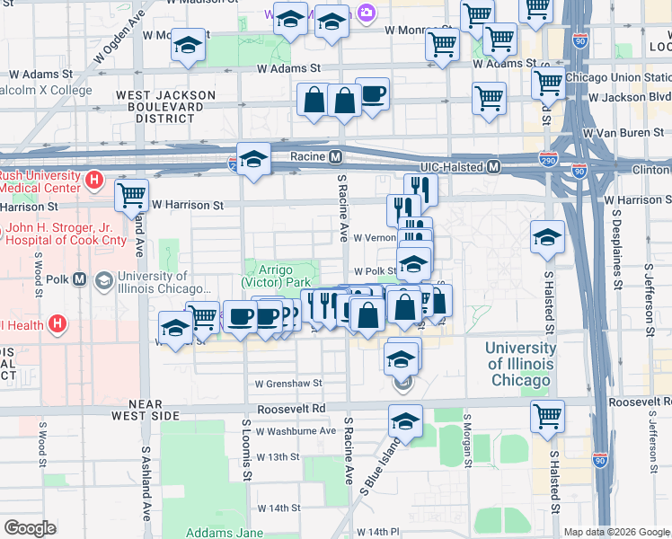 map of restaurants, bars, coffee shops, grocery stores, and more near 722 South Racine Avenue in Chicago