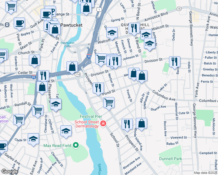map of restaurants, bars, coffee shops, grocery stores, and more near 84 Meadow Street in Pawtucket