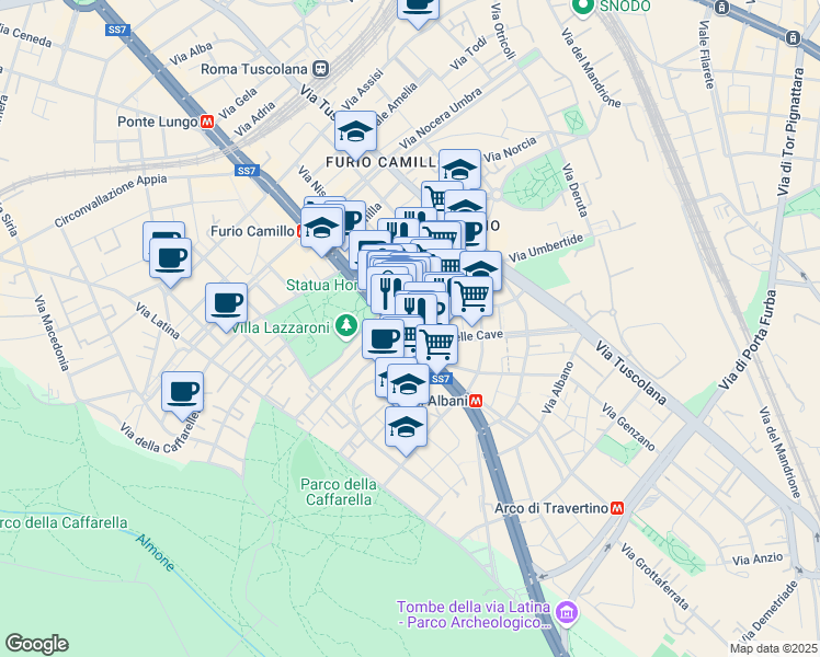 map of restaurants, bars, coffee shops, grocery stores, and more near 30 Via Turno in Rome