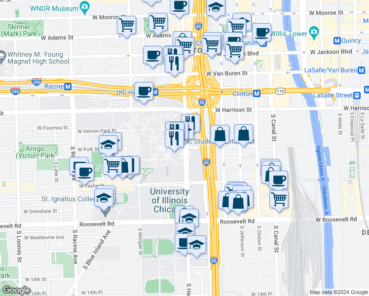 map of restaurants, bars, coffee shops, grocery stores, and more near 750 South Halsted Street in Chicago