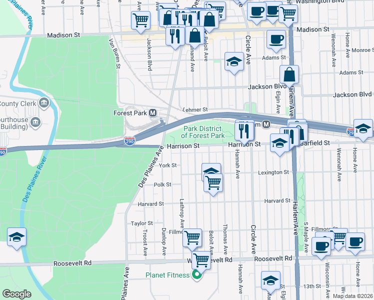 map of restaurants, bars, coffee shops, grocery stores, and more near 7538 Harrison Street in Forest Park