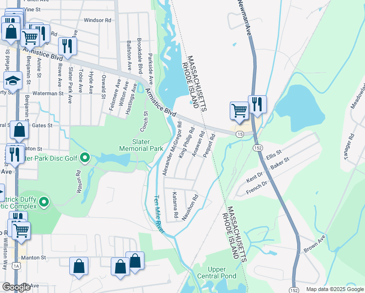 map of restaurants, bars, coffee shops, grocery stores, and more near 30 Alexander McGregor Road in Pawtucket
