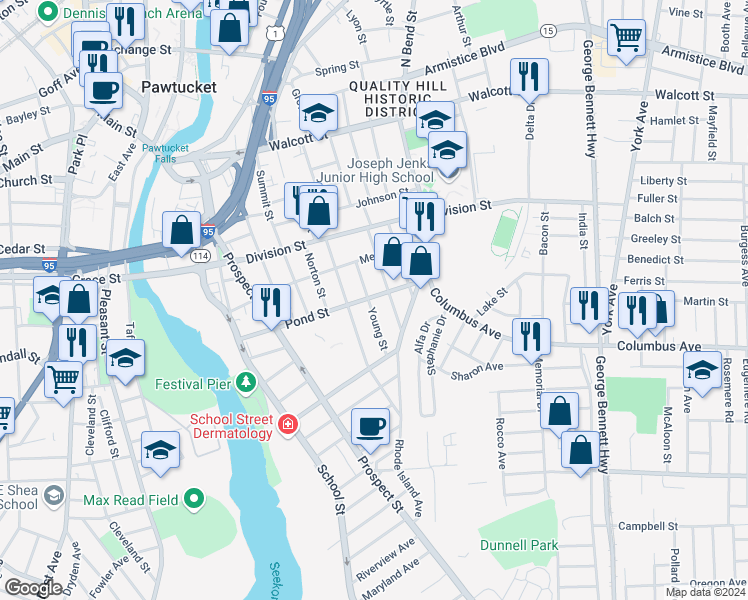 map of restaurants, bars, coffee shops, grocery stores, and more near 26 Young Street in Pawtucket