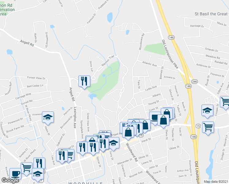 map of restaurants, bars, coffee shops, grocery stores, and more near 76A Valley Green Court in North Providence