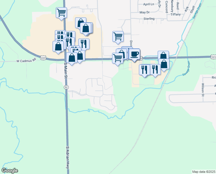 map of restaurants, bars, coffee shops, grocery stores, and more near 273 Grand River Drive in Adrian