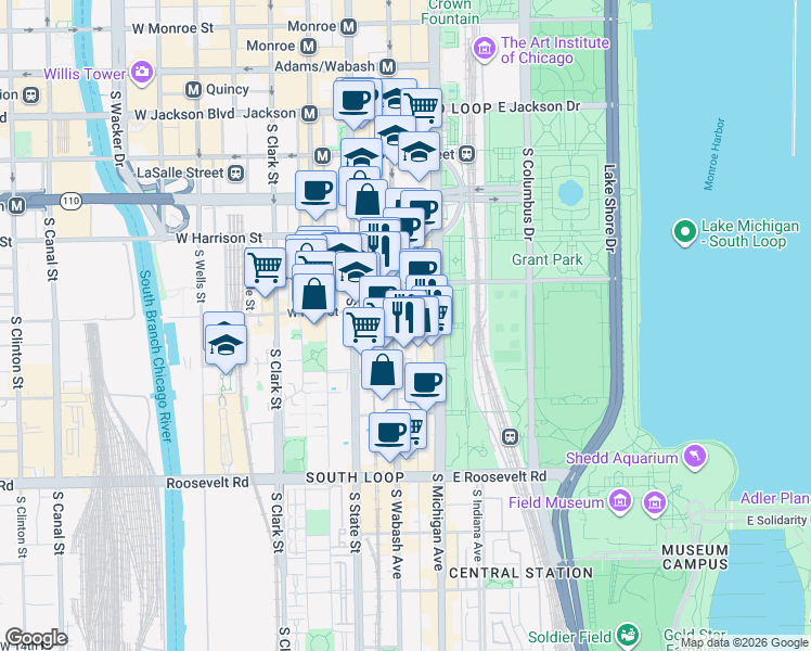 map of restaurants, bars, coffee shops, grocery stores, and more near 723 South Wabash Avenue in Chicago