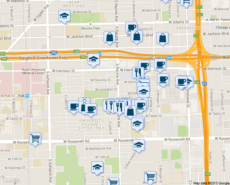 map of restaurants, bars, coffee shops, grocery stores, and more near 722 South Racine Avenue in Chicago