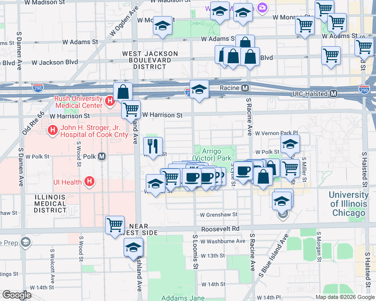map of restaurants, bars, coffee shops, grocery stores, and more near 729 South Loomis Street in Chicago