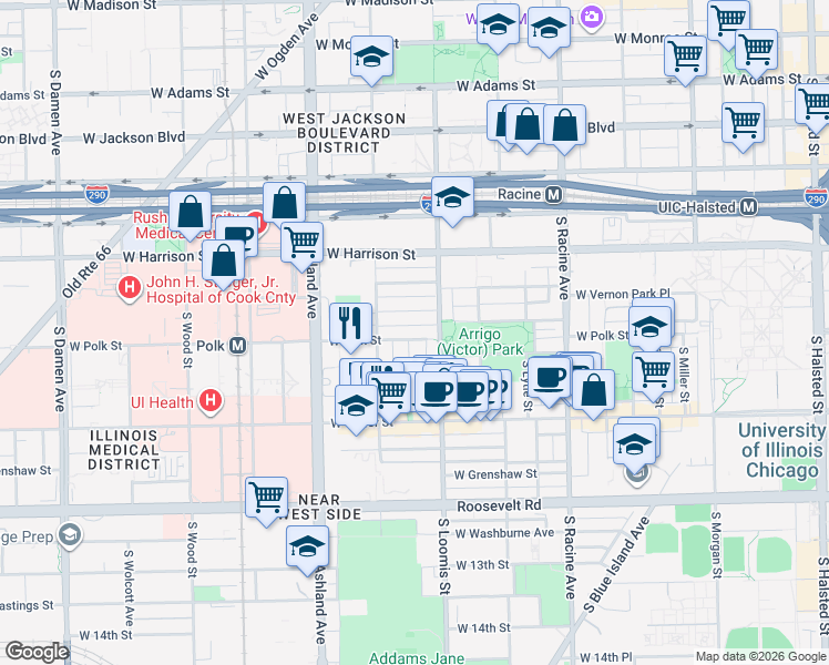 map of restaurants, bars, coffee shops, grocery stores, and more near 1430 West Lexington Street in Chicago