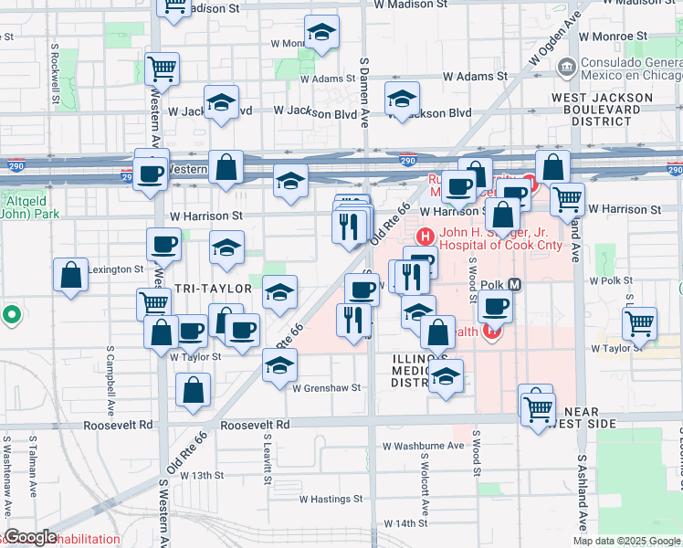 map of restaurants, bars, coffee shops, grocery stores, and more near 2200 West Polk Street in Chicago
