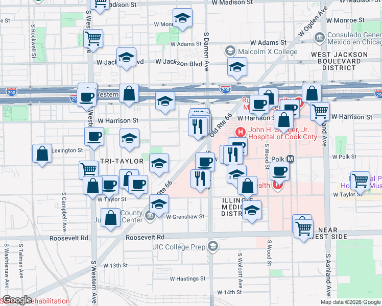 map of restaurants, bars, coffee shops, grocery stores, and more near 2200 West Polk Street in Chicago