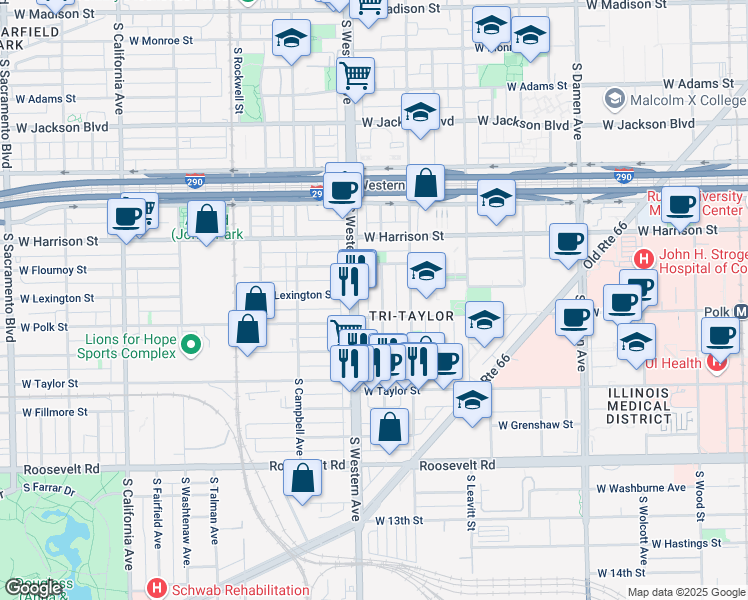 map of restaurants, bars, coffee shops, grocery stores, and more near 718 South Claremont Avenue in Chicago