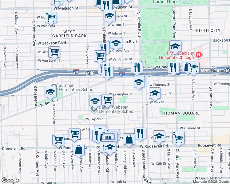 map of restaurants, bars, coffee shops, grocery stores, and more near 3943 West Flournoy Street in Chicago